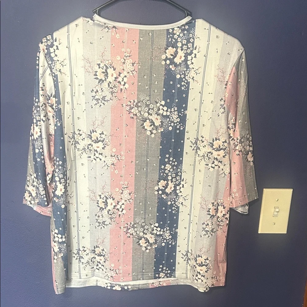 SHEIN Floral Striped V-Neck Blouse - Pink, Blue, Cream - Picture 4 of 4